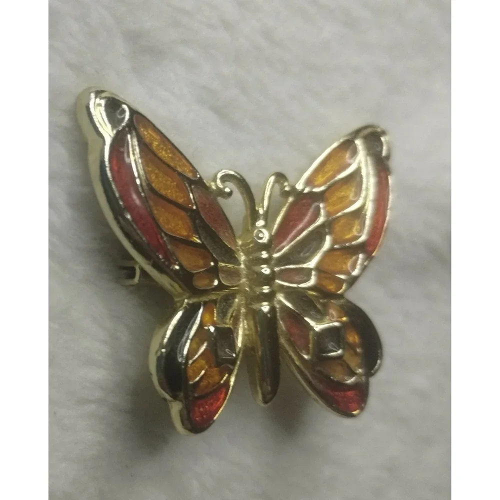 Vintage Style Gold Tone Orange Red Enamel Butterfly Brooch Pin Monarch‎ Wing